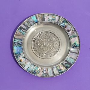 Vintage Alpaca Mexico Abalone Aztec Calendar Plate
